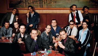 The "paypal mafia" photographed at Tosca in San Francisco, Oct, 2007.
Back row from left: Jawed Karim, co-founder Youtube; Jeremy Stoppelman CEO Yelp; Andrew McCormack, managing partner Laiola Restaurant; Premal Shah, Pres of Kiva; 2nd row from left: Luke Nosek, managing partner The Founders Fund; Kenny Howery, managing partner The Founders Fund; David Sacks, CEO Geni and Room 9 Entertainment; Peter Thiel, CEO Clarium Capital and Founders Fund; Keith Rabois, VP BIz Dev at Slide and original Youtube Investor; Reid Hoffman, Founder Linkedin; Max Levchin, CEO Slide; Roelof Botha, partner Sequoia Capital; Russel Simmons, CTO and co-founder of Yelp