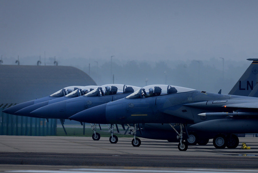 F-15C Eagles assigned to U.S. Air Forces in Europe prepare to take off from a base in Europe, April 11, 2018. U.S. Air Forces in Europe-assigned aircraft conducted defensive counter air operations to support combined air and maritime forces in the Mediterranean Sea during U.S. military strikes in Syria.  (U.S. Air Force photo by Tech. Sgt. Matthew Plew)